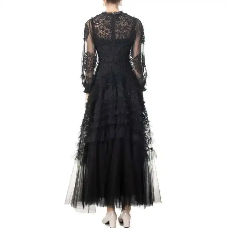 HKSH فستان نسائي أنيق برقبة دائرية وأكمام طويلة وكشكشة شبكية مطوي الخصر فساتين طويلة ربيع 2025 أنثى جديدة HK4081