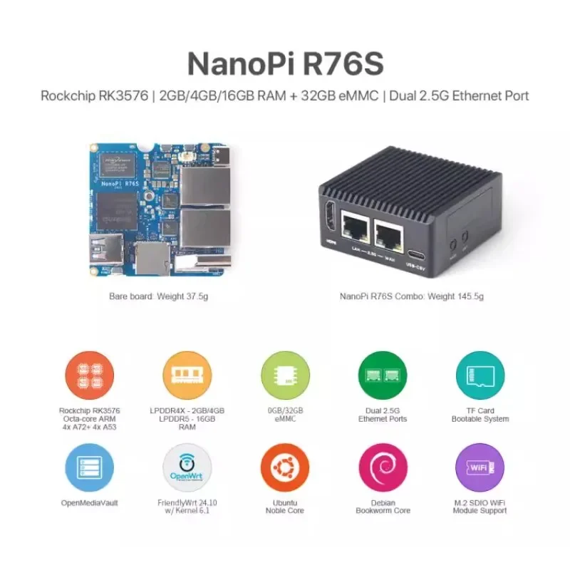 New Friendly NanoPi R76S RK3576 Development board LPDDR5 Dual 2.5G Network port HDMI AI Deployment