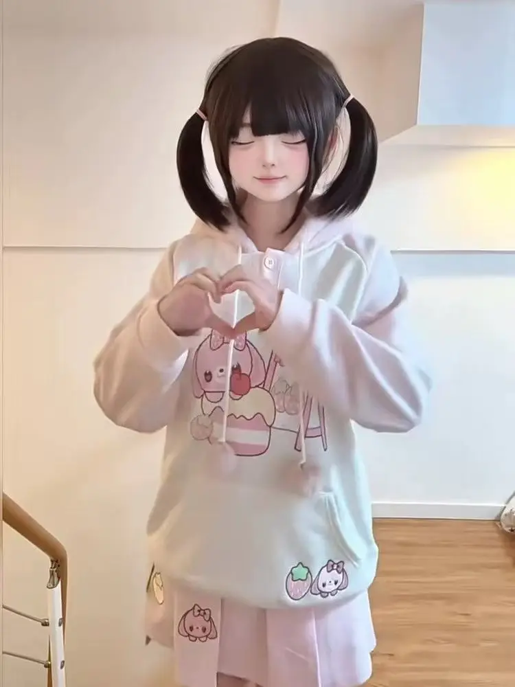 Cute Lolita Girls Kawaii Cinnamoroll Fluffy Fleece Hoodie Half Button Color Block Pom-Pom Cartoon Print Co-Ord Casual Sweatshirt