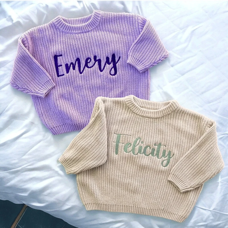 Personalized Embroidered Baby and Toddler Sweater, Oversized Chunky Kids Sweater, Baby Name Announcement, Baby Shower Gift