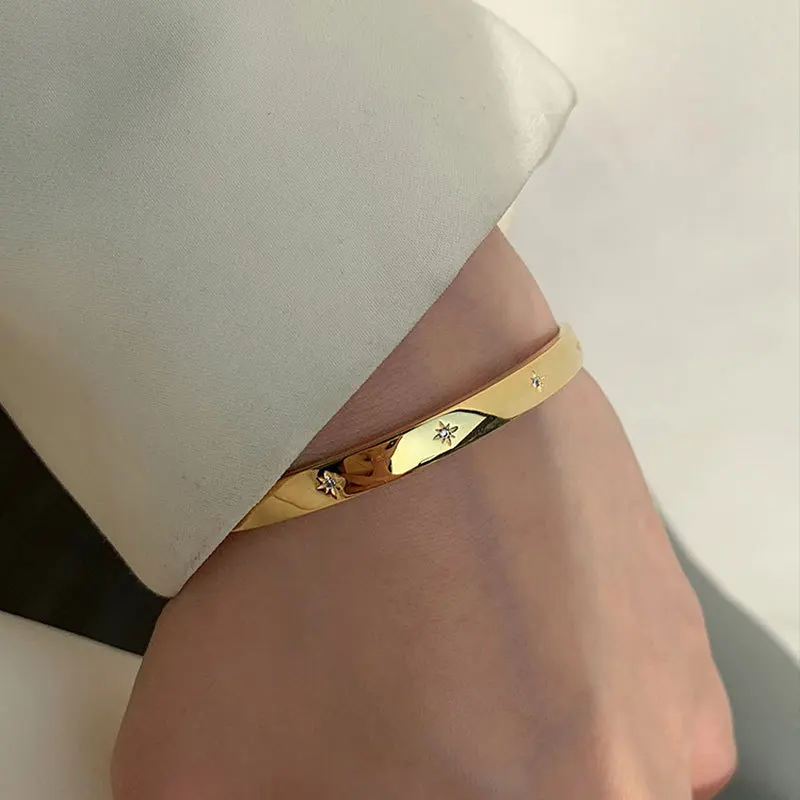 925 Sterling Silver Bangle Bracelet Golden Smooth Stars Polished Punk Stackable For Woman Girl Jewelry Gift Dropship Wholesale