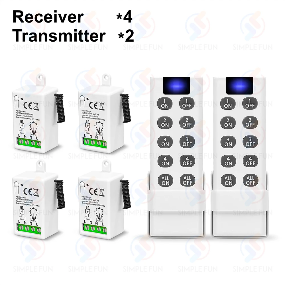 433 MHz kabelloser Fernbedienungs-Lichtschalter, 110 V, 220 V, 230 V, 10 A, 4-in-1-Sender, ALLE EIN/AUS, Mini-Unterbrecher für Lampen-LED-Lüfter