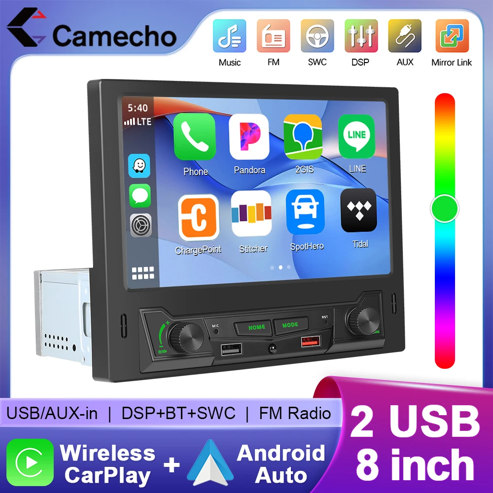 Camecho 1 DIN 8 بوصة الوجه خارج شاشة تعمل باللمس سيارة مشغل وسائط متعددة اللاسلكية أندرويد السيارات/CarPlay راديو السيارة أضواء ملونة ستيريو