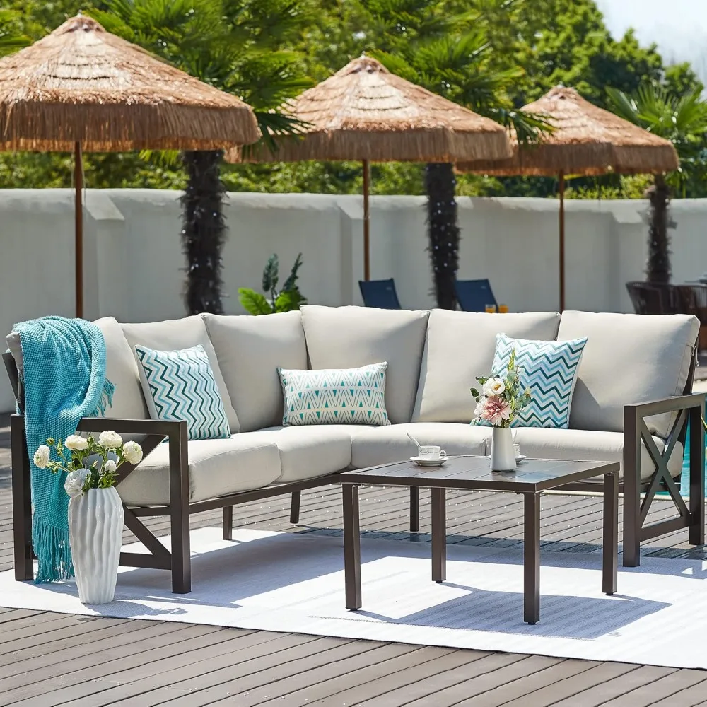 6 Pieces Furniture Sets, Metal Outdoor Sectional Furniture L Shape Patio Conversation Sets,Highback Frame,Metal Table