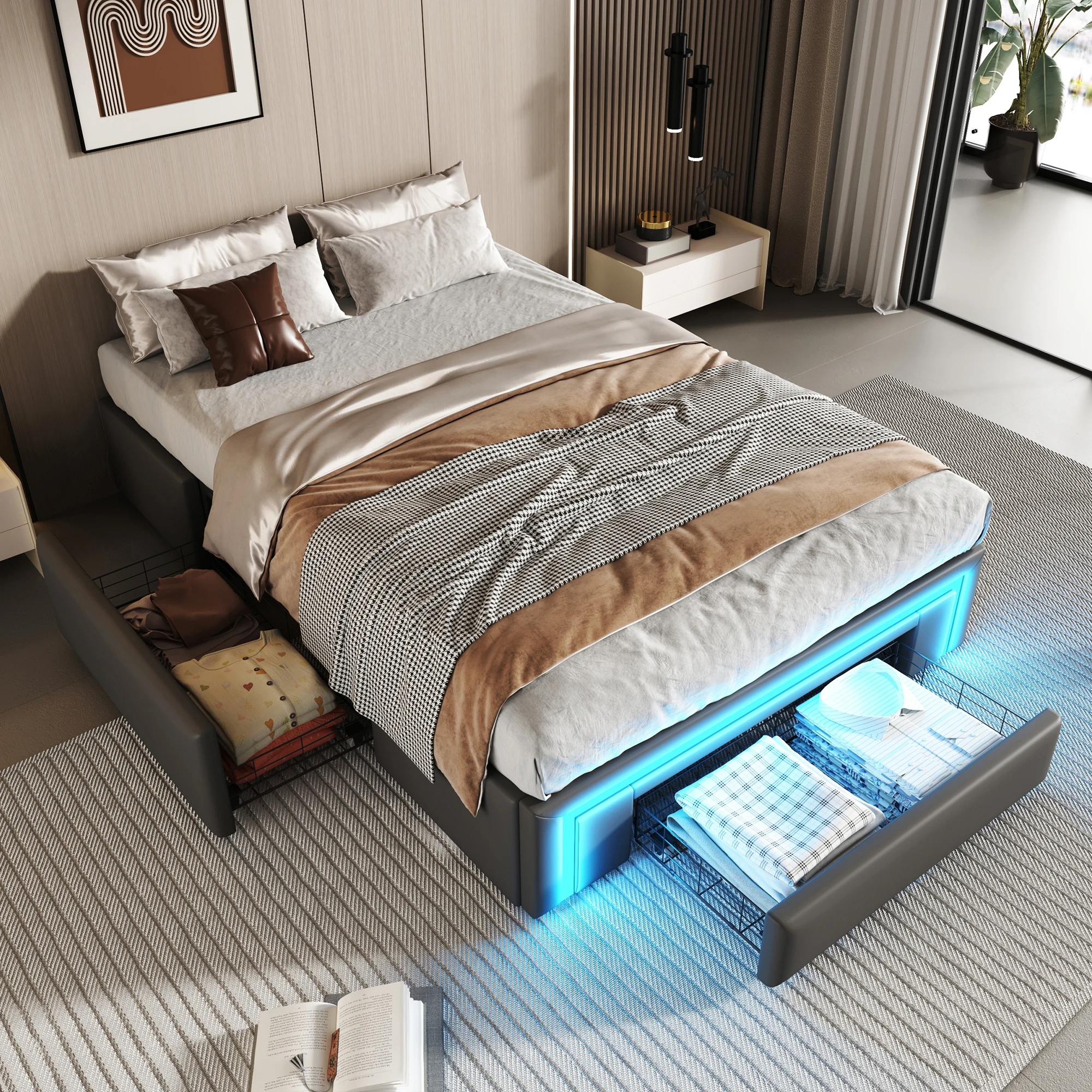 Lit avec rangement 90x200 cm - Lit simple avec 2 tiroirs et bande LED - Sans matelas - Gris