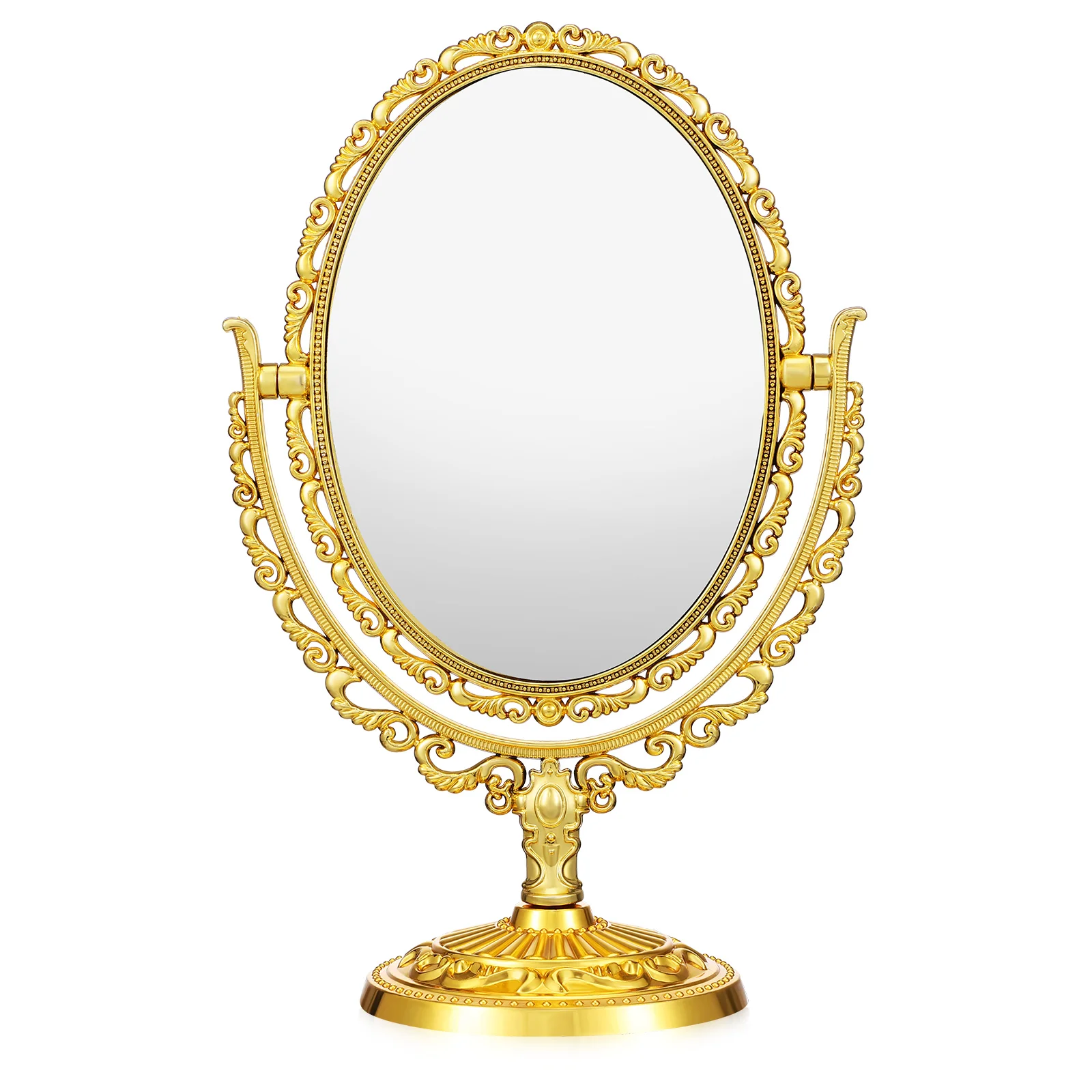 

Oval Gold Mirror Double-sided Rotating Table Make up Tabletop Desktop Vanity Plated Plastic