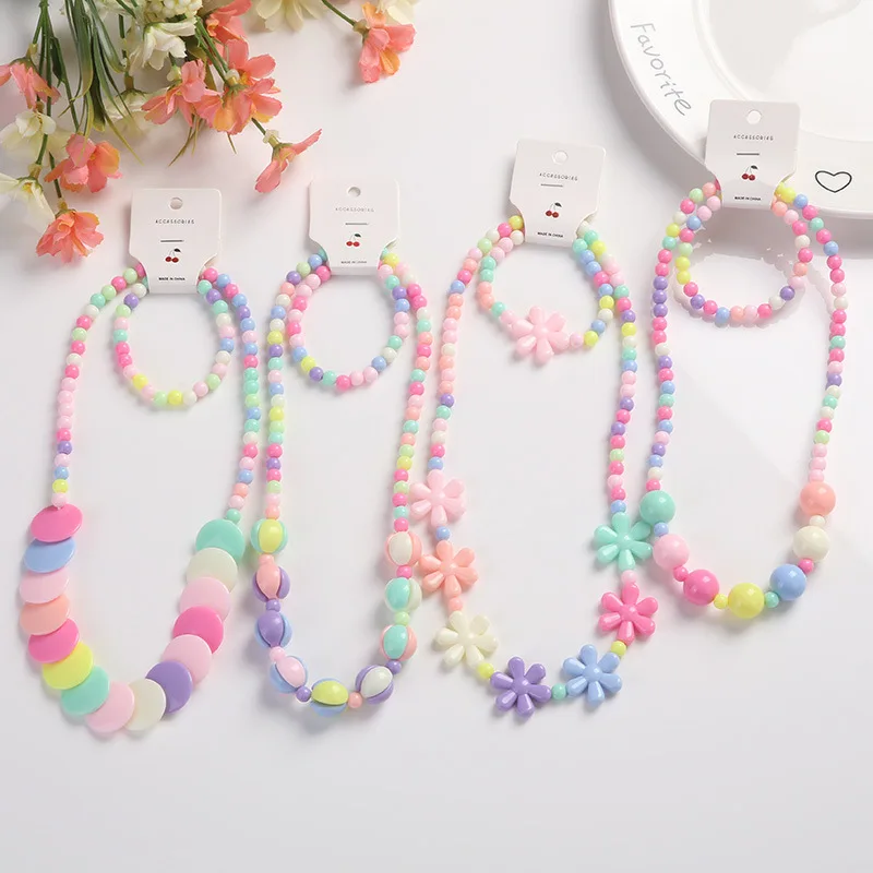 2pcs/set Candy Color Beads Necklace Bracelet Jewelry Flower Bow Strawberry Necklace Bracelet Children Party Girl Birthday Gift