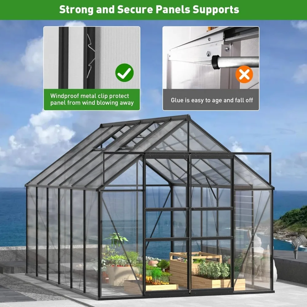 

Aluminum Walk-in Greenhouse with 2 Sliding Doors, 2 Vent Windows, and Rain Gutter for Winter Backyard Use, Greenhouses