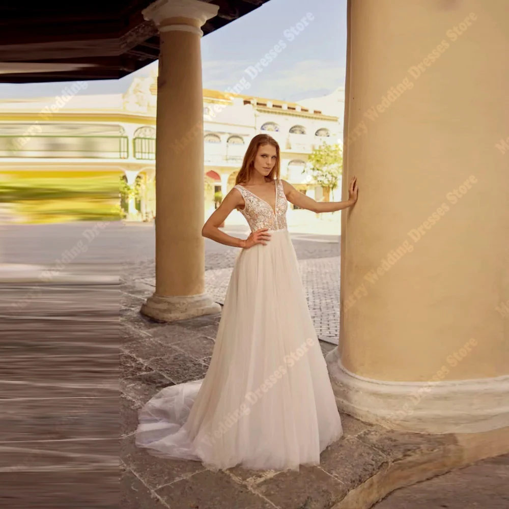 

2025 Elegant V-Neck Women Wedding Dresses Gorgeous A-Line Sleeveless Bridal Gowns Mopping Length Party Robe De Mariée Customized