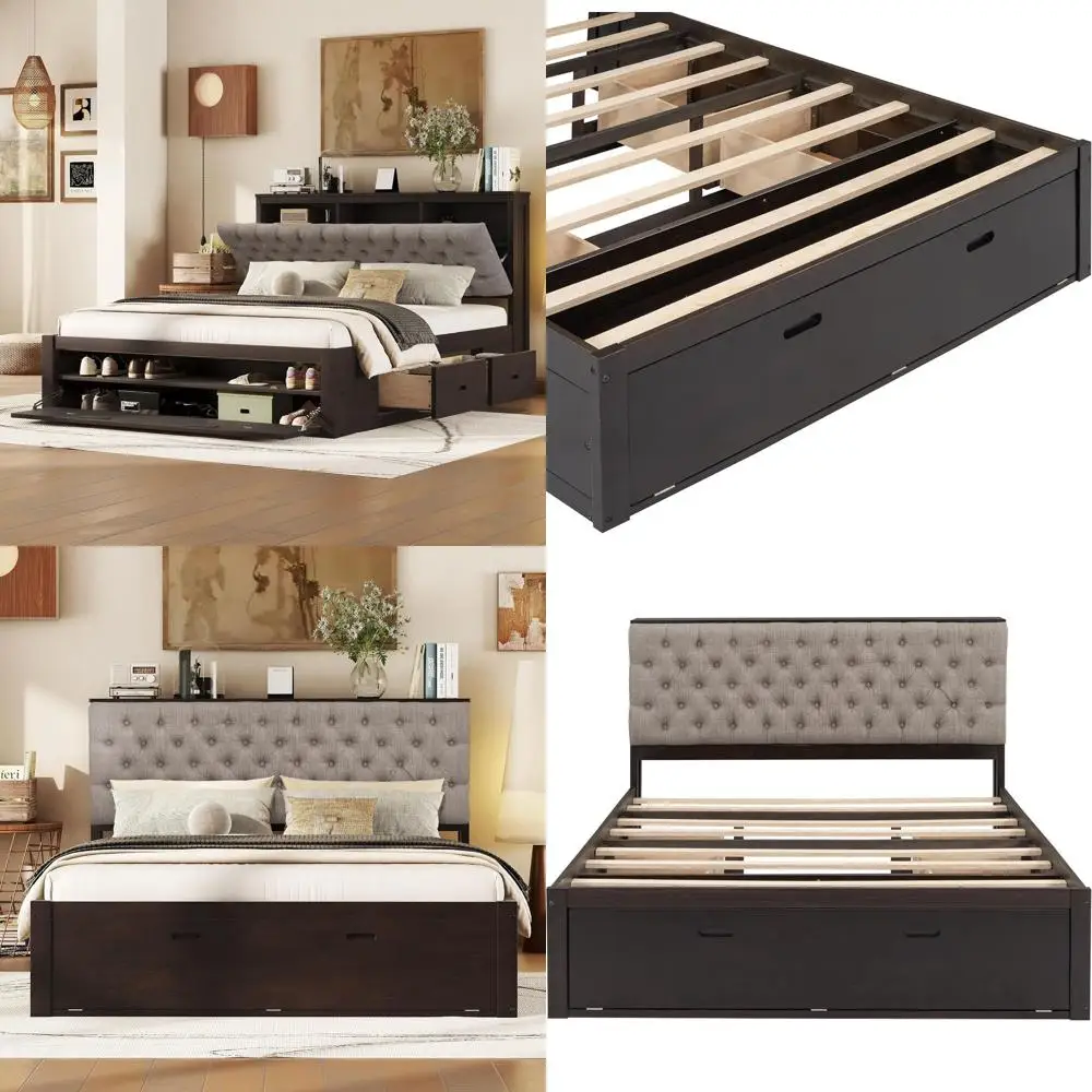 

Queen Size Storage Bed with Upholstery Headboard, Shoe Rack, and 4 Drawers - Suitable for Kids, Teens, and Adults