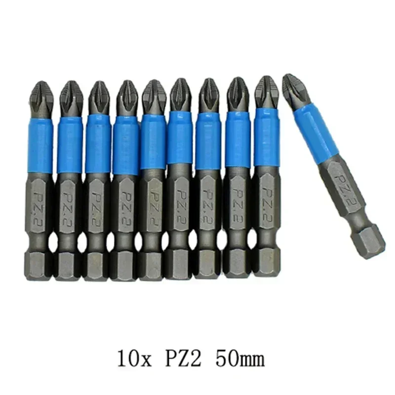 10Pcs/Lot 50mm PZ/PH Anti Slip Pozidrive Bits Hex Shanked Screwdriver Bits GCr15 Magnetic Single Head