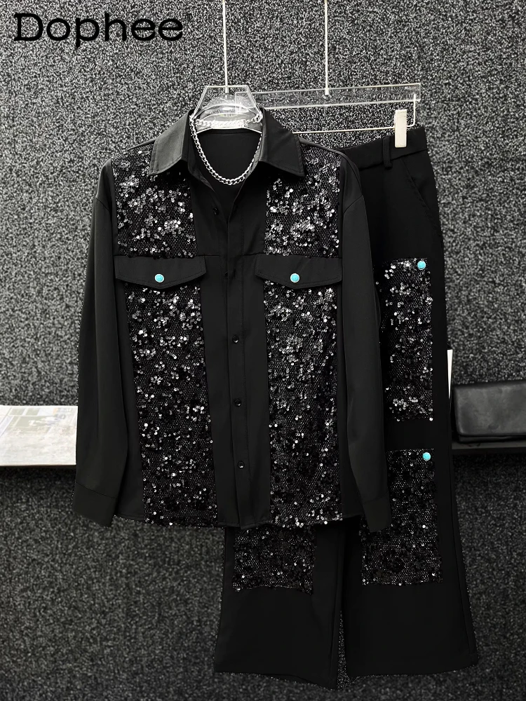 Men's 2025 Spring Autumn New Sequin Splicing Long Sleeve Shirt Sets Handsome Loose Comfort Shirt Straight Pants Two-Piece Sets
