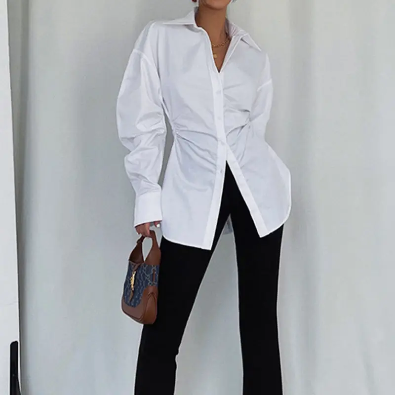 2023 Autumn Winter Women Turn Down Collar Long Sleeve Shirts New In Elegant Lady Slim Waist Cotton Blouse Shirring White Tops