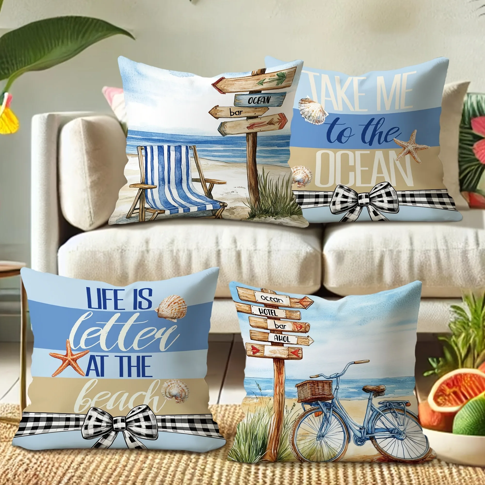 Dive into Coastal Vibes! Beach-Inspired Watercolor Pillow Cover with Charming Signposts & Quotes home sofa Bed Cushion Cover