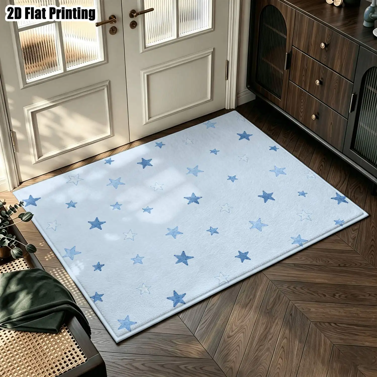 1Pc 2D Printed Carpet: Light Blue Star Pattern, Nordic/Instagram Style, Modern Minimalist Geometric Floor Mat, Home Decor, Multi-Size, Machine Washable, Suitable for Entrance, Dining Room, Foyer, Bedroom, Living Room