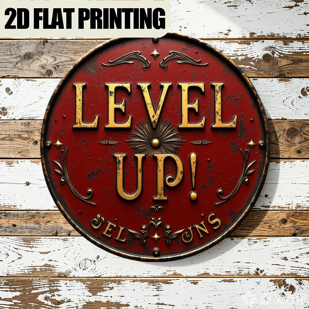LEVEL UP Round Metal Sign - 1PC, Floral & Geometric Art, Unique Wall Decor for Living Room, Home, Garden, Patio, Bar, Vintage Bi