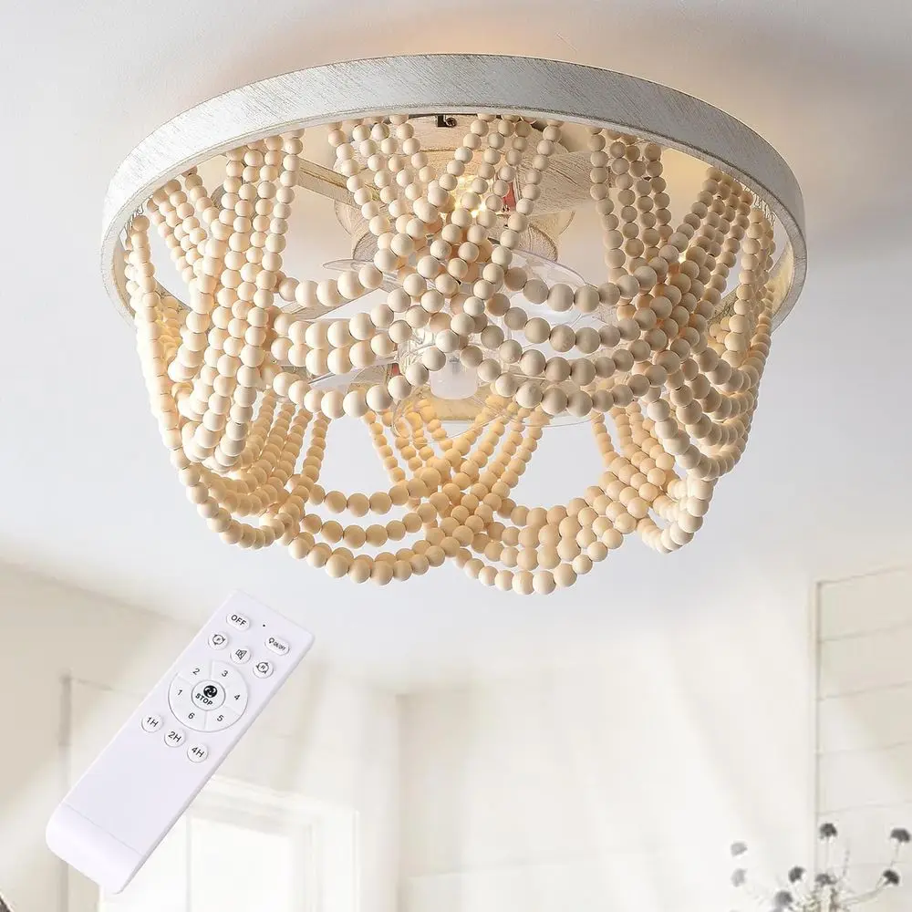 

Boho Wood Beaded Ceiling an with Light and Remote, 20 Inch Low Proile lush Mount Retro an Lights ixture,6-Speed Reversible DC Mo