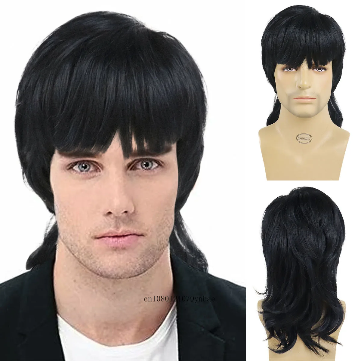 

Synthetic Long Straight Black 80s Disco Heavy Metal Mullet Wig with Bangs for Men Male Halloween Costume Cosplay Punk Rock Wigs