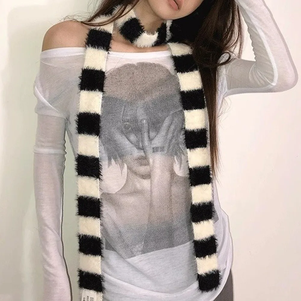 Y2k Aesthetic Colorful Striped Scarf Thin Long Knitted Scarf Skinny Belt Warm Skinny Scarf Women