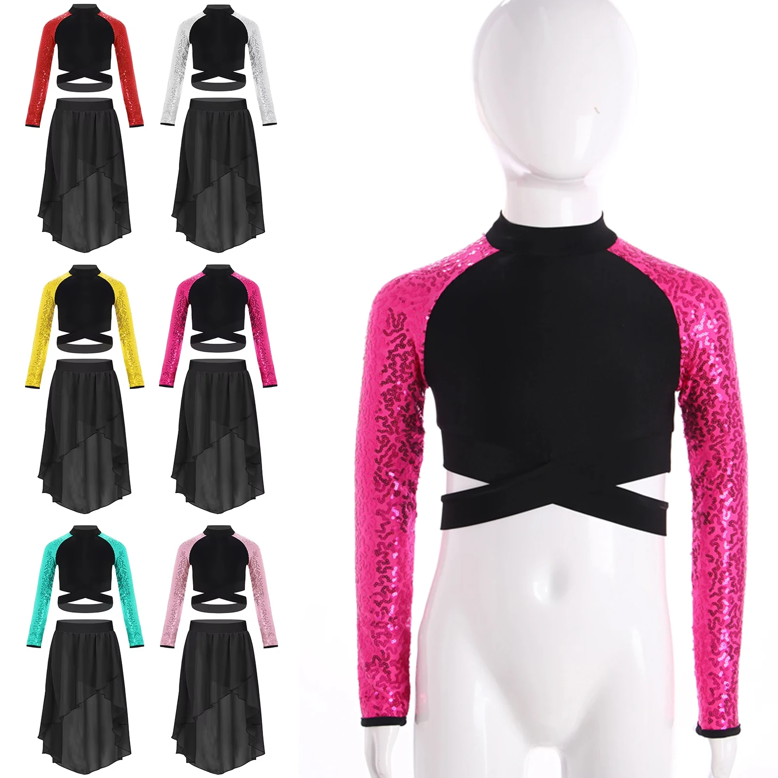 

Kids Girls Dance Outfit Sparkly Sequins Long Sleeve Cross Waist Crop Top with Chiffon Skirt for Modern Contemporary Costumes