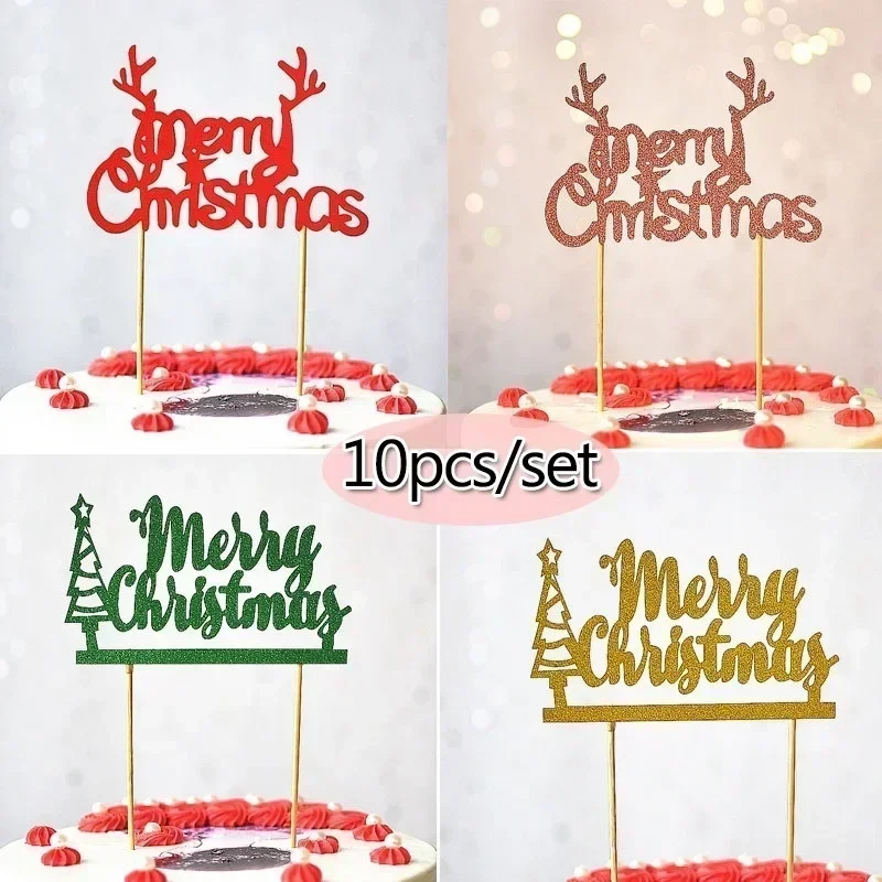 10 Pcs/lot Gold Red Merry Christmas Party Cake Toppers Decoration for Xmas Decoration Supplies