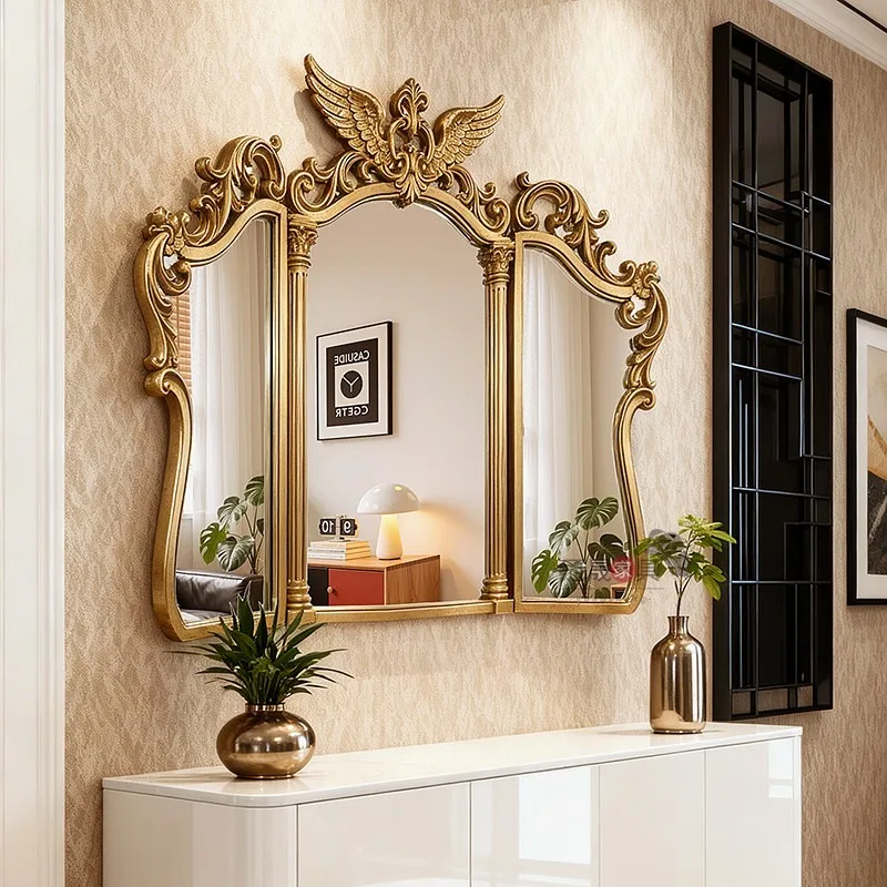 Gold tri-fold makeup mirror luxury carved decorative mirror high-end retro three-sided bathroom mirror