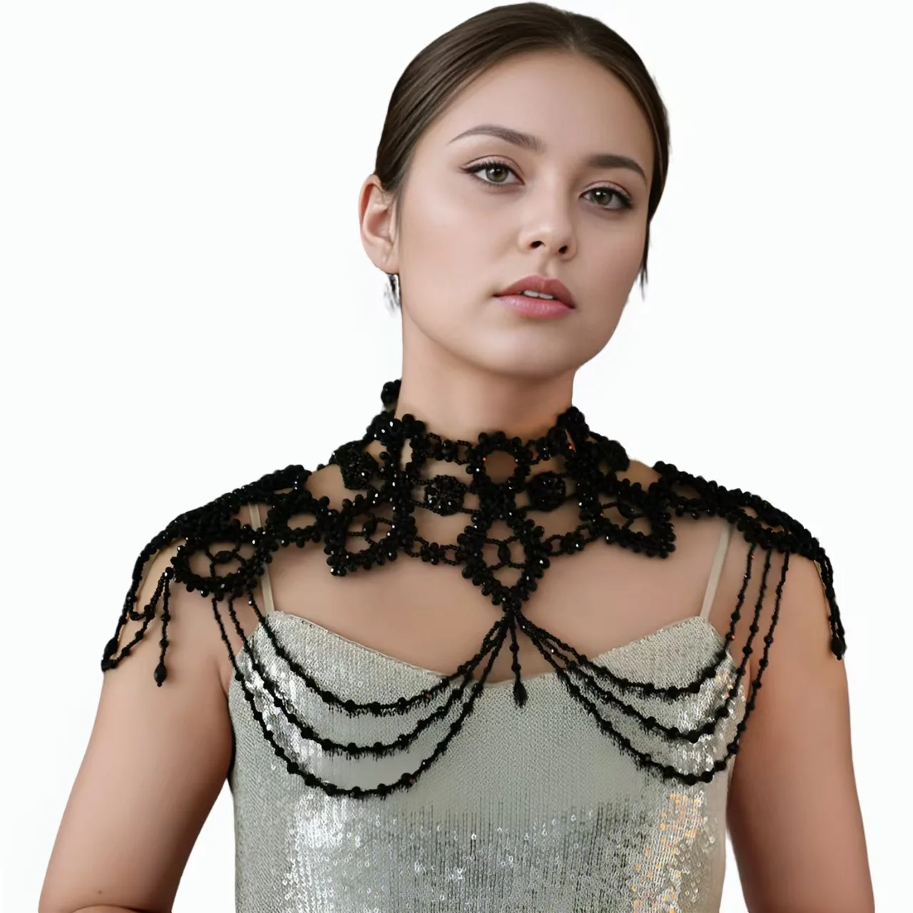 Hollow Out Cape Body Chain Multi Layer Layered Round Bead Tassel Shoulder Necklace Statement Bridal Wedding Costume Jewelry