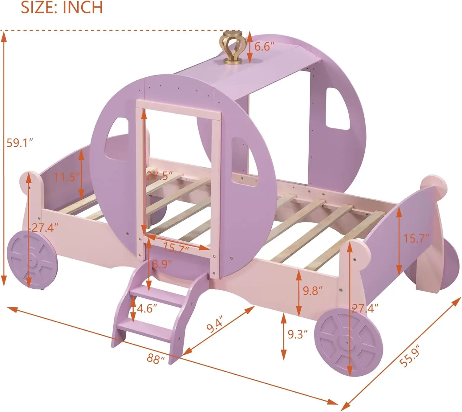 Prinses Rijtuigbedframe Met Kroon, Dubbele Houten Platform Autobed Met Trap, Paars Roze-Ideaal Kinderbed