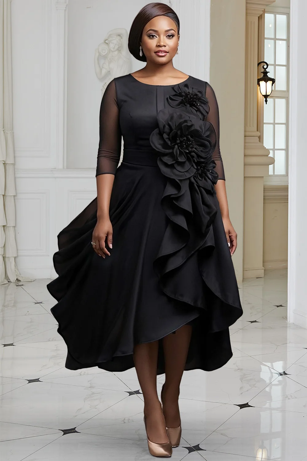

Plus Size Formal Black Round Neck 3/4 Sleeve 3D Elegant Asymmetric Hem Midi Dresses