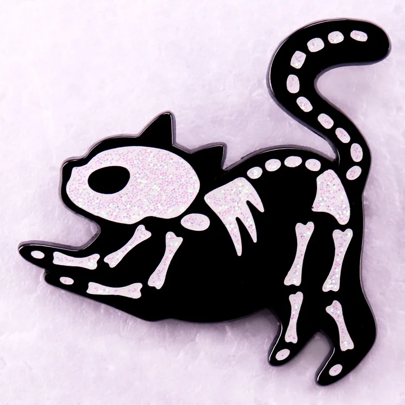 Halloween Glitter Skeleton Cat Badge Enamel Pin Funny Kitten Gothic Animal Brooch Jewelry Gift