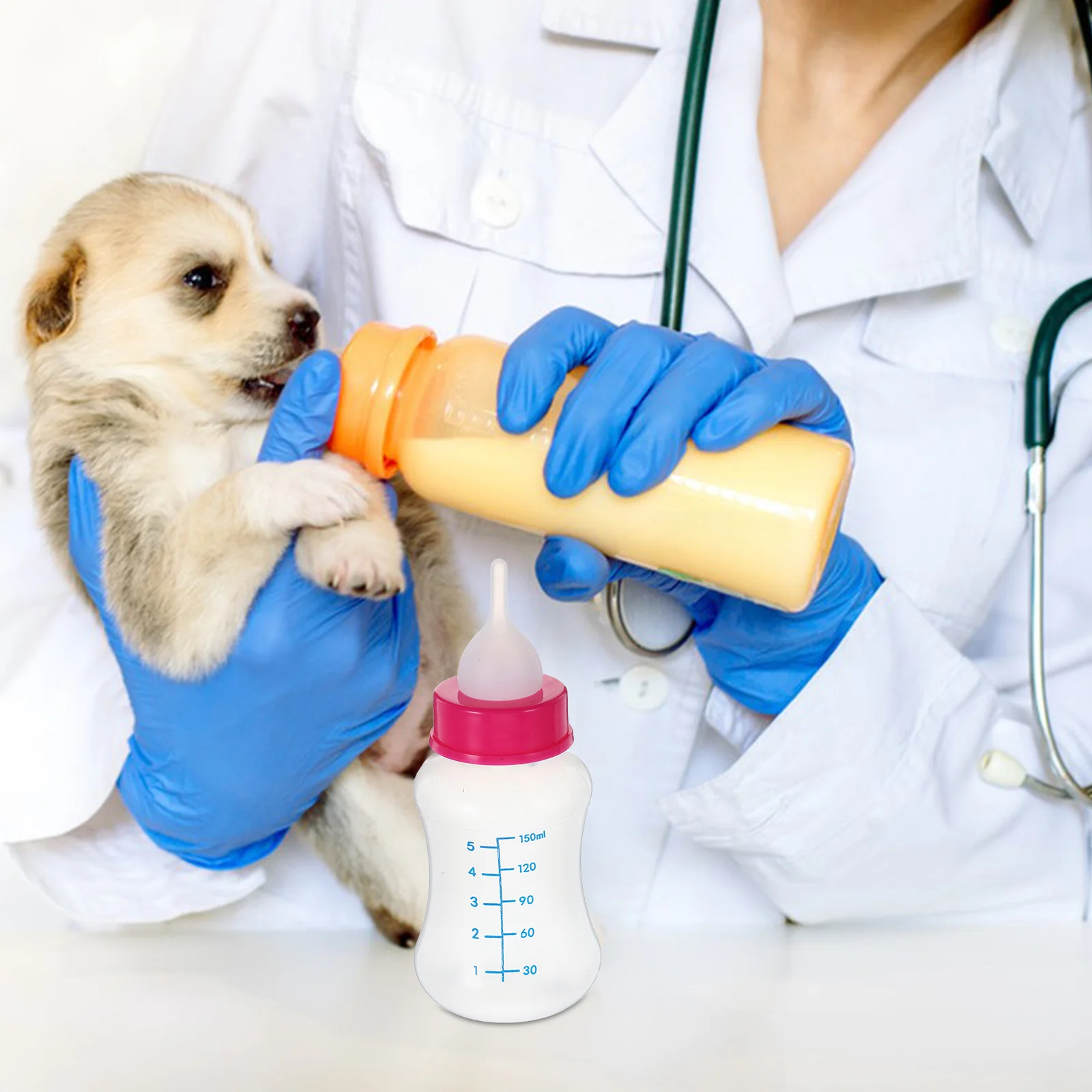 

4 pcs Pet Feeding Bottles 150Ml Silicone Puppy Feeders Replacement Nipple Brushes For Nursing Dog Newborn Pets Feeder Puppy Pet