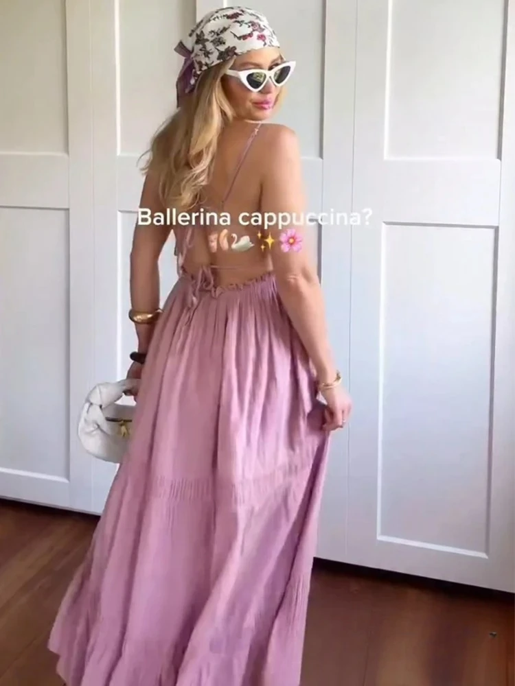 KONDALA-vestido Sexy de color rosa liso para mujer, vestido largo drapeado sin mangas, moda 2025, vestido de playa sin espalda para vacaciones de primavera y verano