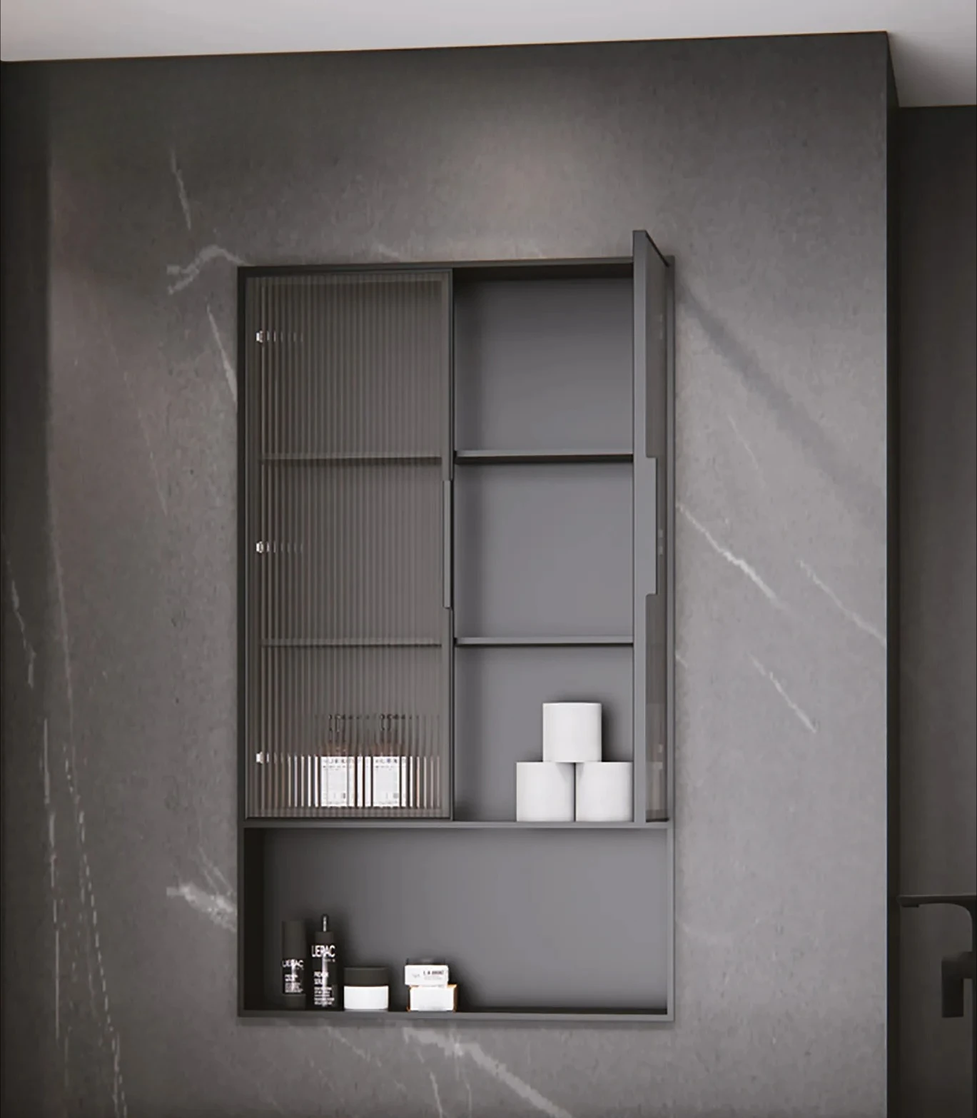 

Встраиваемая ниша для ванной комнаты: полка из нержавеющей стали с многослойной стеклянной перегородкой