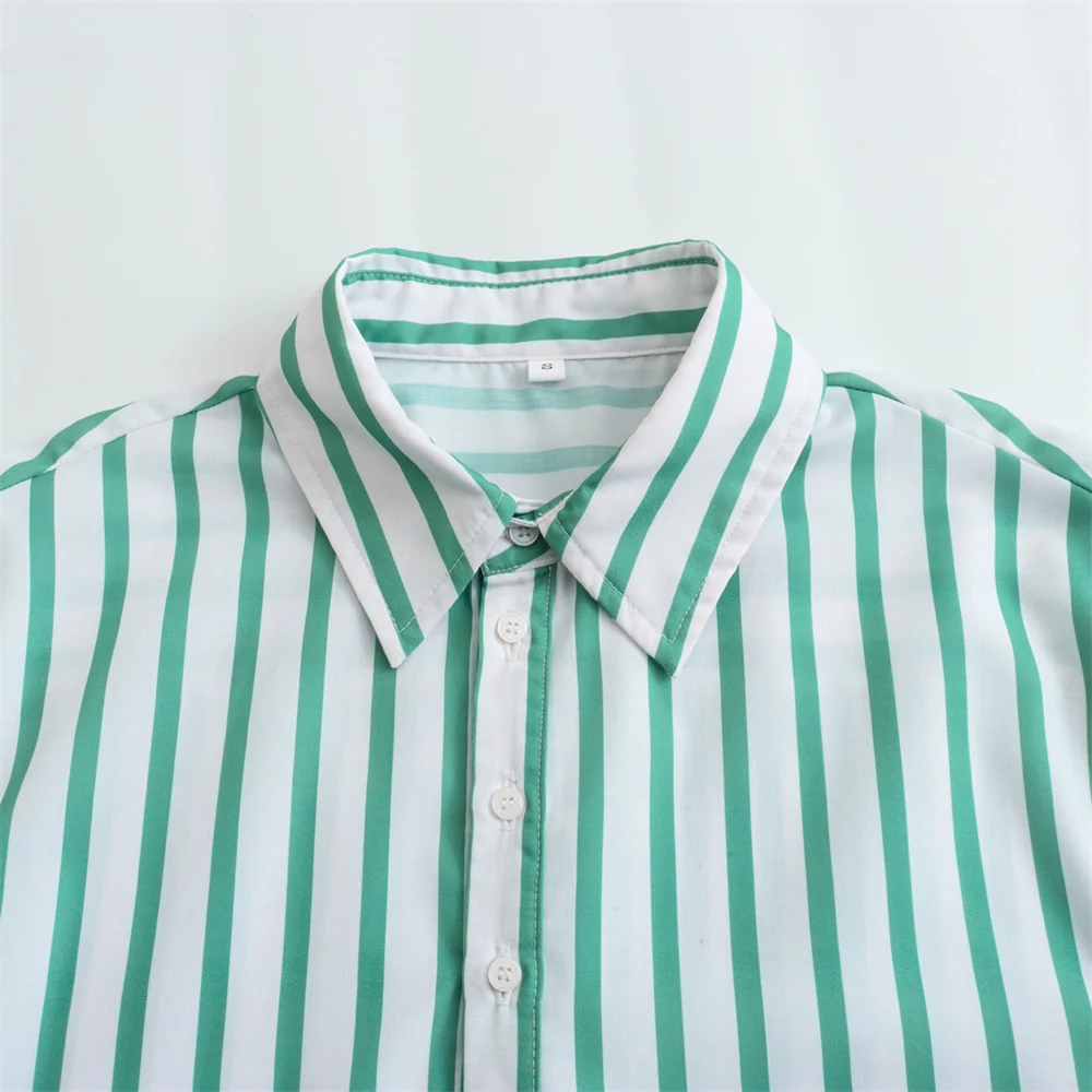 2024ZAR * Spring/Summer New Women\'s Short sleeved Shirt Flip Collar Striped Poplin Style Short Shirt Top Pants