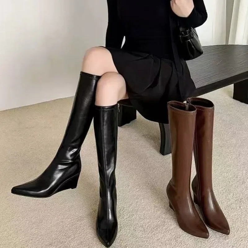 

Side Zip Wedge Heel High Boots Fashion Pointed Toe Soft Leather Soft Sole Non-Slip Shoes for Women