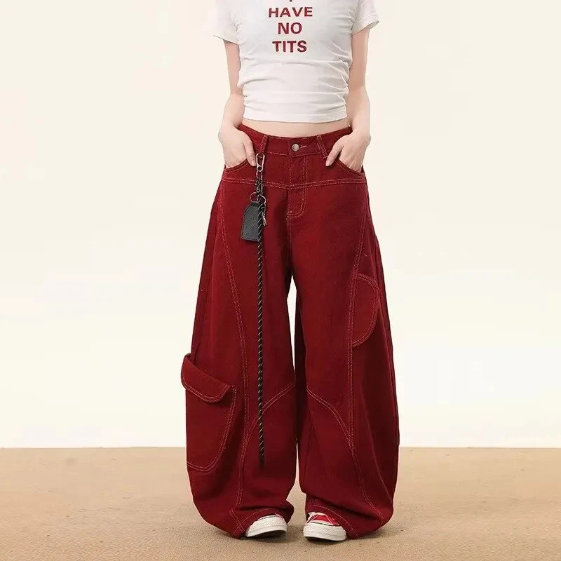 American Vintage Red Jeans Women High Waisted Deconstructed Street Wide Leg Pants Loose Casual Irregular Cargo Denim Pants