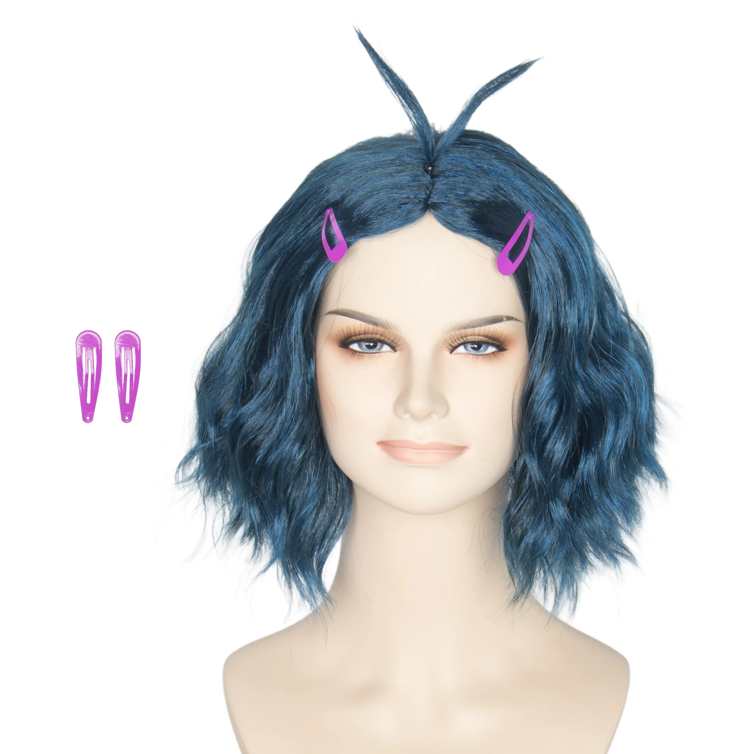 Miss U Hair  Center Part Women Girls Wig Short Wavy Deep Blue Wig with Hairpins Emotions Anime Cosplay Wig