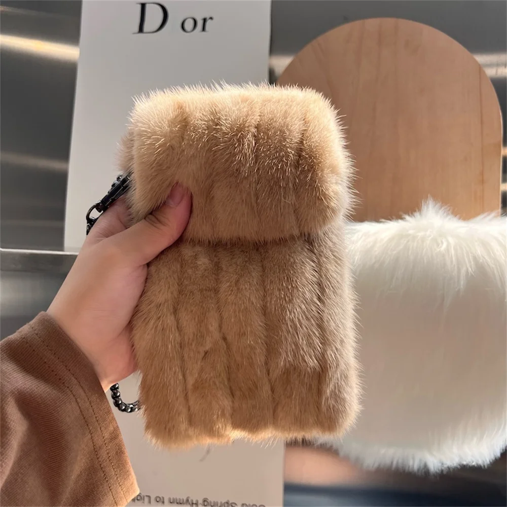 2024 Designer Luxury Mobile Phone Bag Women Crossbody Mini Bag Purses Fashion Mink Fur Bags For Woman Neck Hanging Femimime Bag