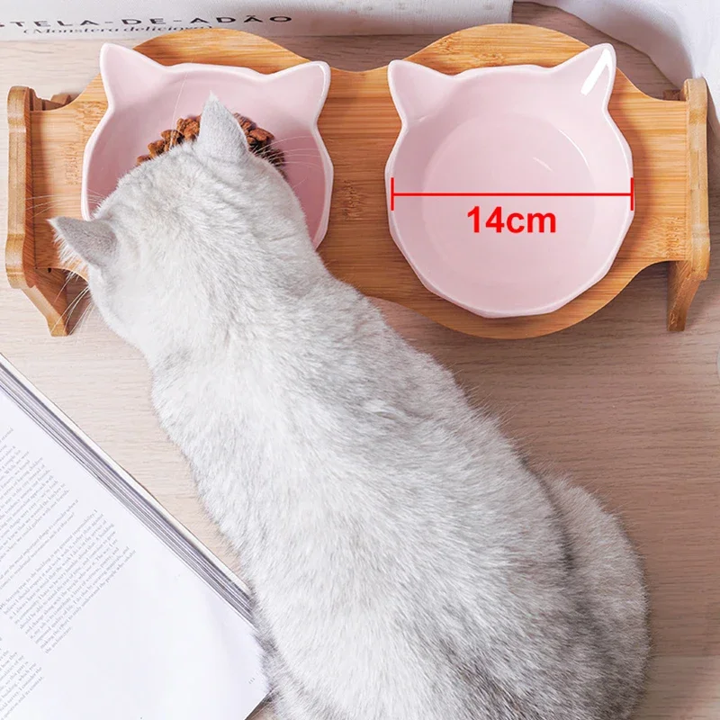 Cat Ceramic Bowls Bamboo Elevated Pet Bowls for Cats Dogs Protective Cervical Spine Anti-Tumble Dishes Pet Bowls and Drinkers