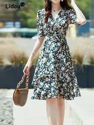 Women's Floral Printing Lacing Slim Midi Dress, Chic Ruffle A-line Dresses, Elegant, Summer, V-neck, Office Lady, Fashion, New,