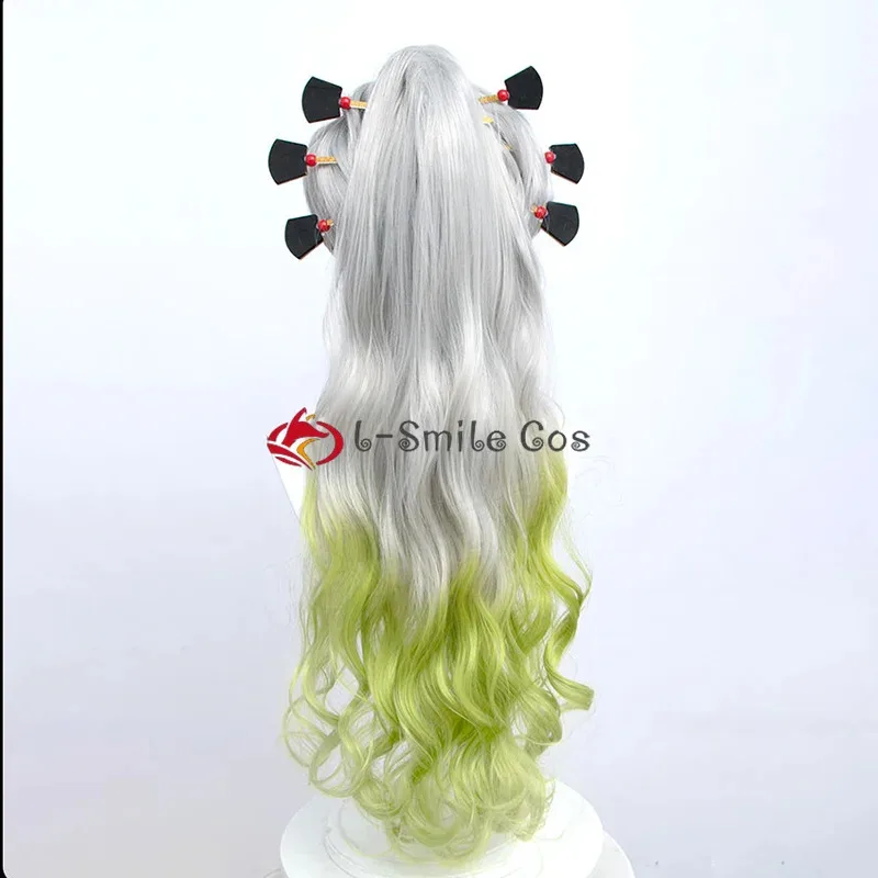 Anime Women Cosplay Silver Gradient Green Cruly Ponytail Daki Heat Resistant Synthetic Hair Party Wigs + Wig Cap