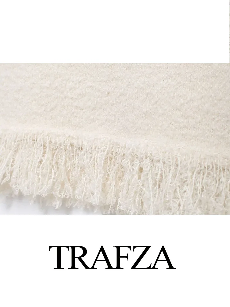 TRAFZA النساء الخريف موضة التنانير الصغيرة الصلبة عالية الخصر مرونة الخصر شرابة تزيين تنورة الإناث عادية سليم تنورة قصيرة