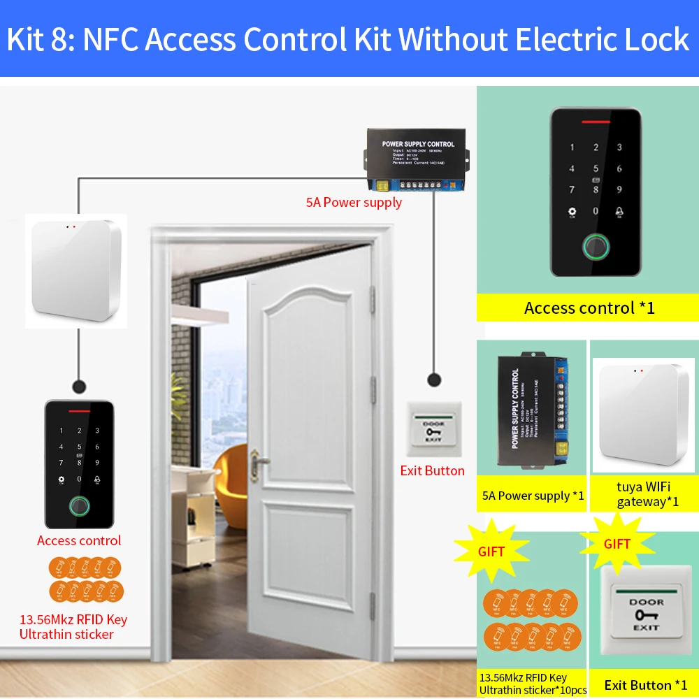 Tuya App RFID 13.56 mhz NFC Fingerprint Bluetooth Gate Door Opener Kits WIFI Gateway + Access Control Keypad Sets IP67 Rainproof