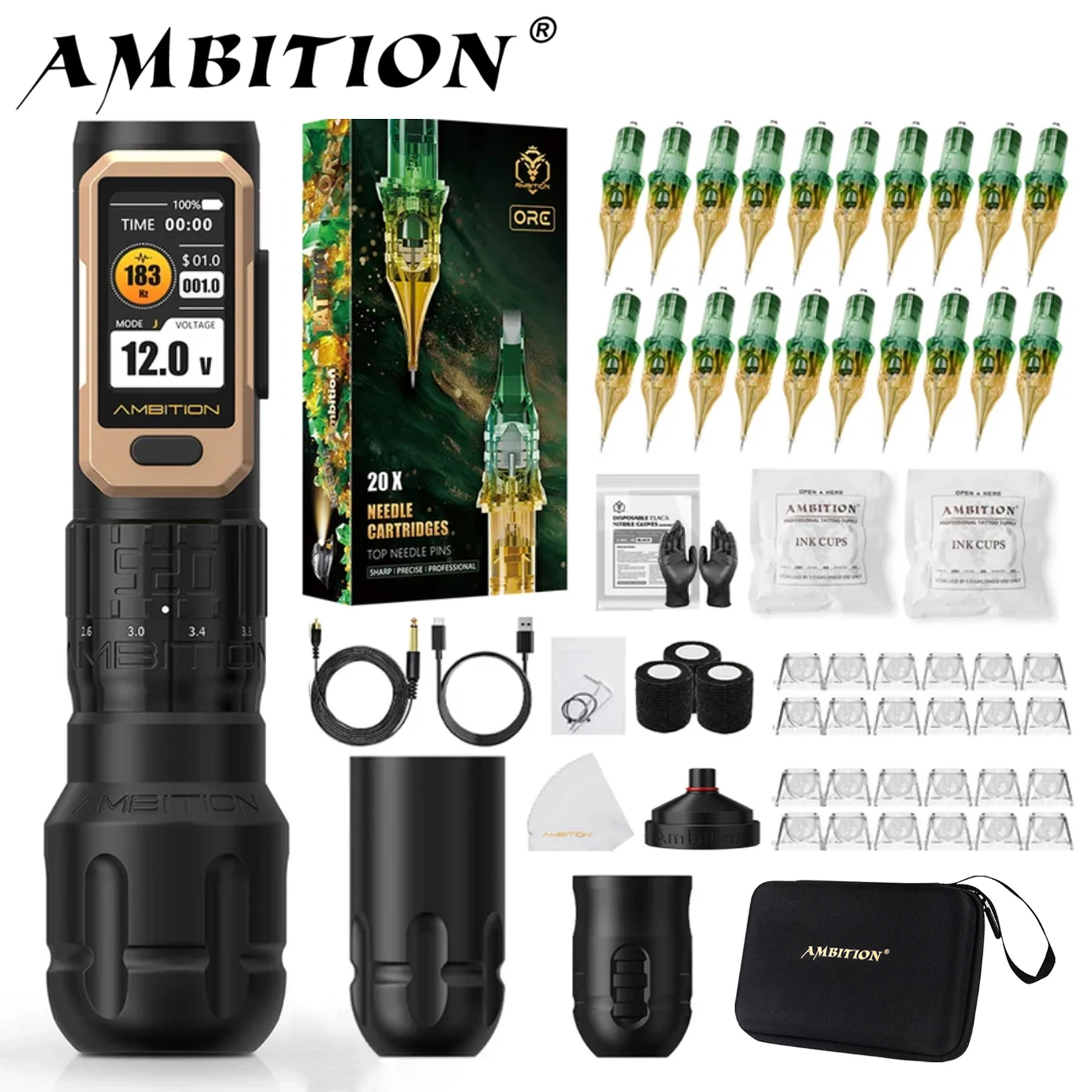 Ambition Soldier Pro 520 Wireless Professional Tattoo Kit ORE AEGIS Cartridges Needles 20pcs High Torque Coreless Motor Tattoo