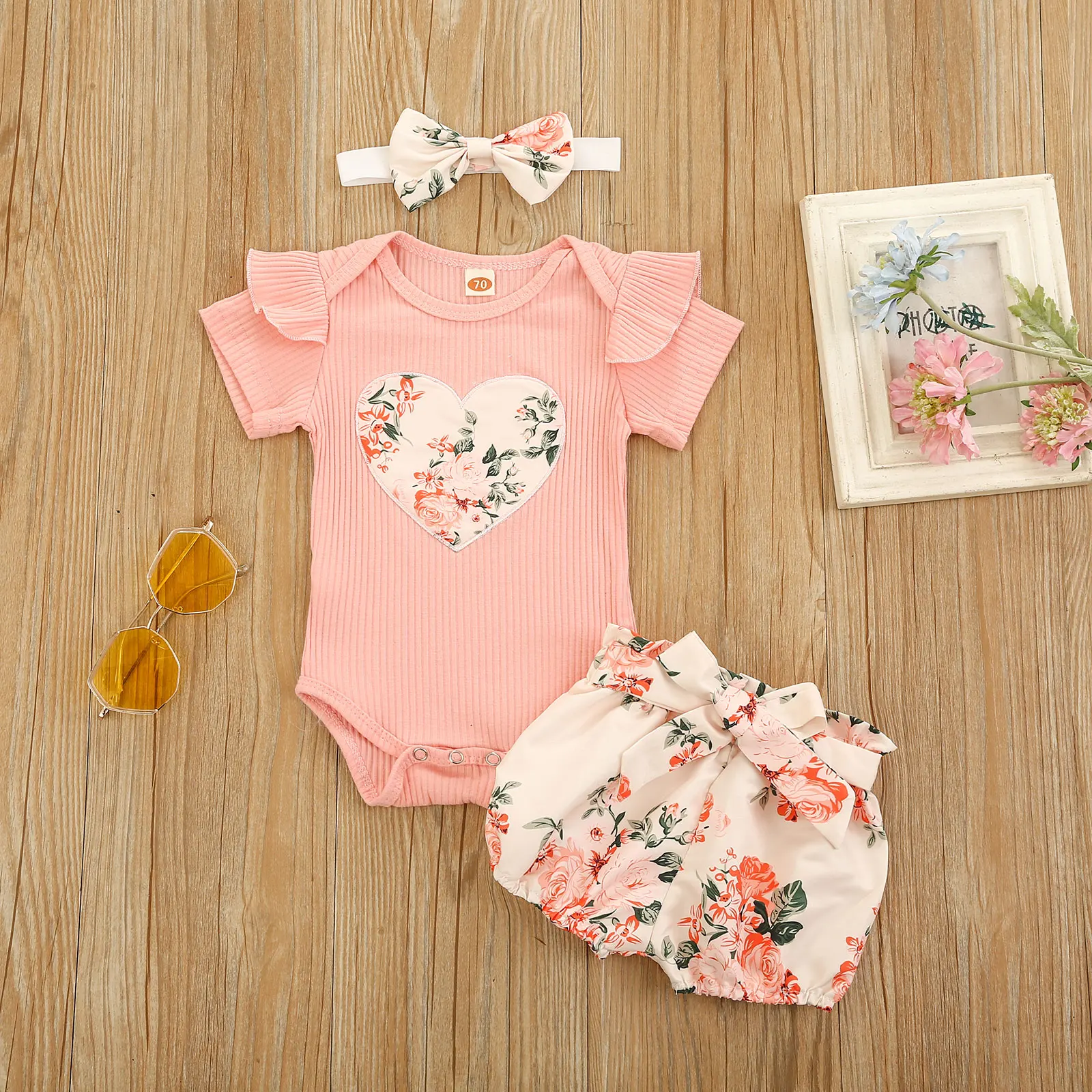 Baby Girl Summer Clothes Set, Ruffle Short Sleeve Rib Knit Romper + Floral Shorts + Headband Set