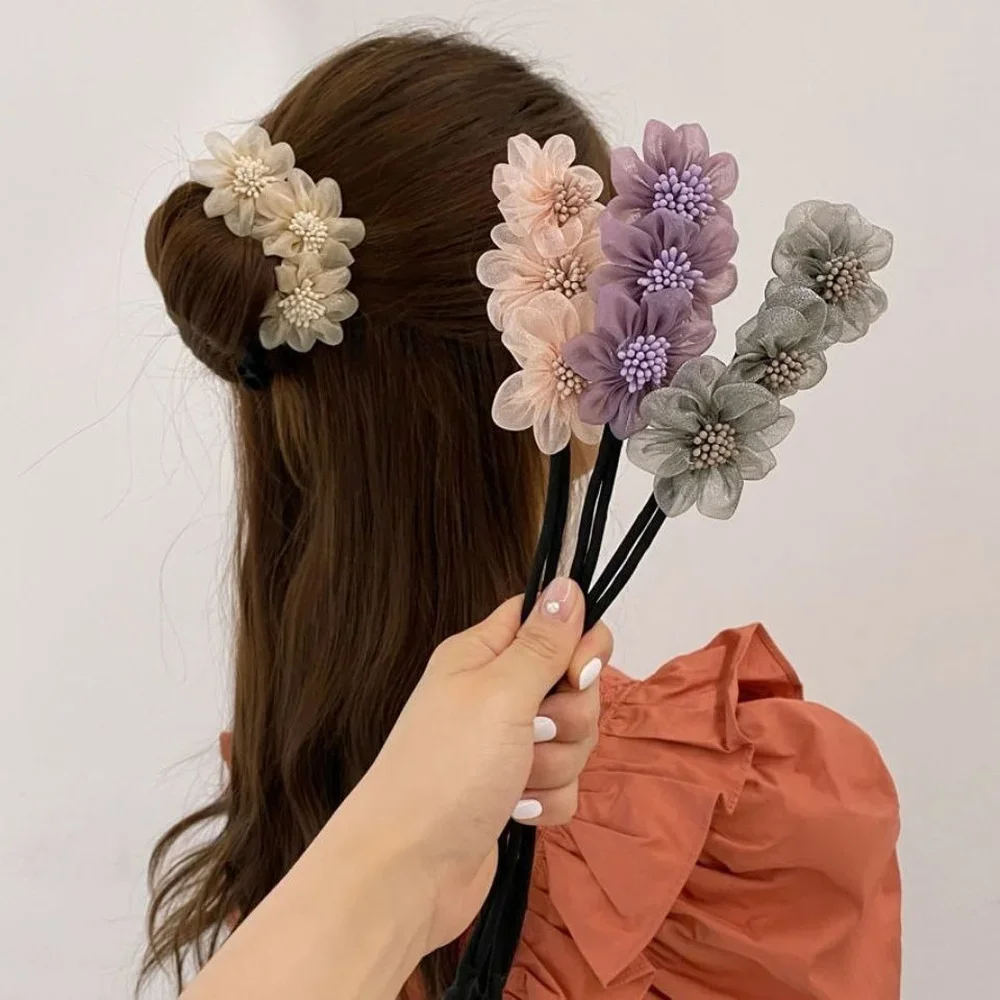 Elegant Bud Chiffon Flowers Bun Maker Maruko Hairstyles Making Long Tools Sweet Headband Hairbands Korean Women Hair Accessories