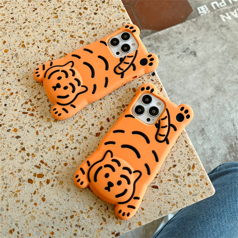 Cute Cartoon 3D Tiger Silicone Phone Case For iPhone 13 12 11 Pro XS Max X XR 6 7 8 Plus Silicone Shockproof Black Cover Funda