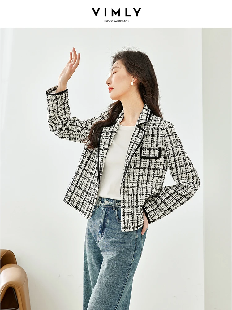 Vimly Short Notched Tweed Jackets Autumn Coat for Women 2023 New in Outerwear Black White Plaid Straight Female Jackets M3273