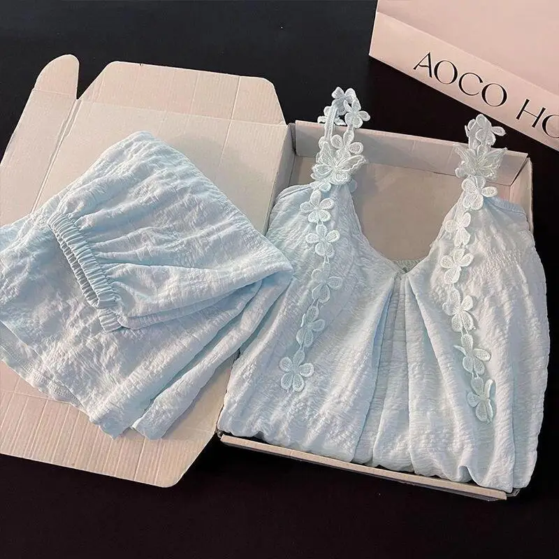 Women's Little Flying Sleeve Camisole Shorts Pajama Set Summer New Princess Style Vest Home Clothing Women's Soft Two-Piece Set