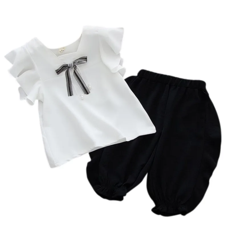 2Pcs Toddler Baby Girls Clothes Set Summer Kids Bow Pattern Fly Sleeve T Shirt Tops +Shorts